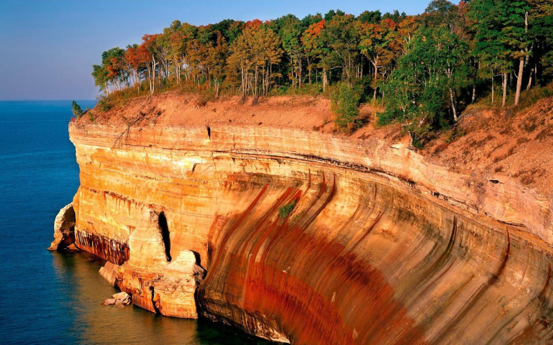 Afternoon light on the cliffs above Lake Superior; Pictured Rocks National...